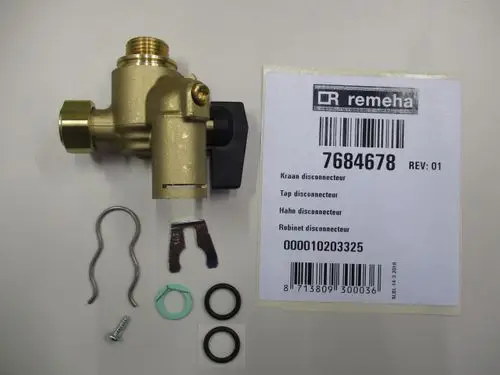 Remeha Abtrennsystem mit Absperrhahn, einem kleinen schwarzen Bedienknopf, einer Feder, Dichtungen und einer Montageanleitung auf dem beigelegten Papier.